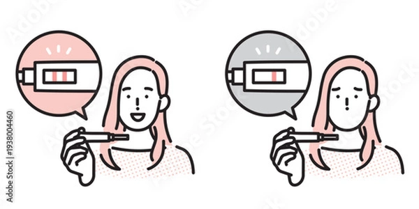 Obraz シンプル　イラスト　妊娠検査薬の結果を確認する女性 陽性と陰性の比較イメージ ベクターイラスト