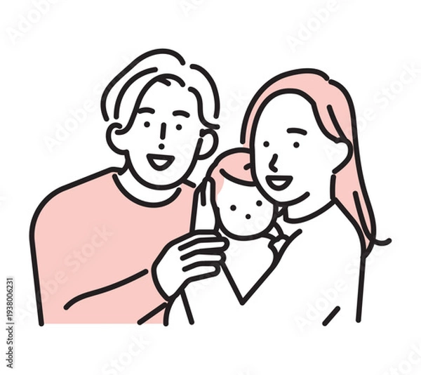 Obraz シンプル　イラスト　赤ちゃんを抱く夫婦の家族イメージ ベクターイラスト
