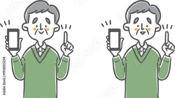 Obraz スマホを持って説明するシニア男性のイラストセット　上半身　ベクター