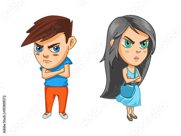 Obraz Girl and boy are offended after the quarrel, crossed their arms over their chests, cartoon stickers with emotions