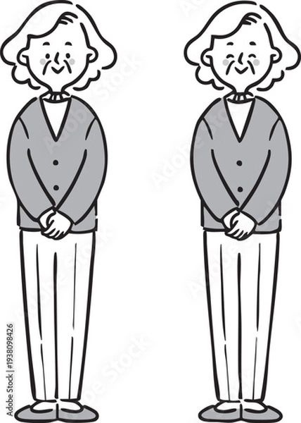 Obraz シニア女性　祖母　全身　ベクター（モノクロ）