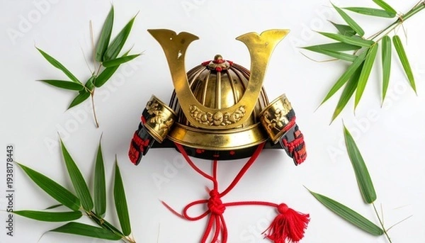 Obraz 白背景に金色の兜・緑の竹の葉・赤い飾り紐を配した端午の節句フラットレイ俯瞰写真