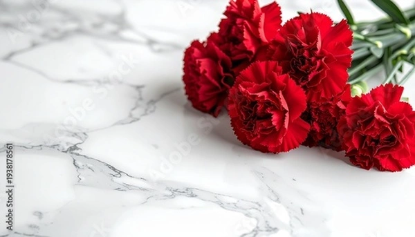 Obraz 白い大理石テーブルの上に置かれた真紅のカーネーションの花束のクローズアップ写真