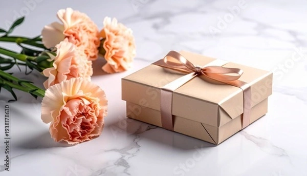 Obraz 大理石テーブルにピンクリボンのギフトボックスとピーチ色のカーネーションを横位置に配したスタジオ写真