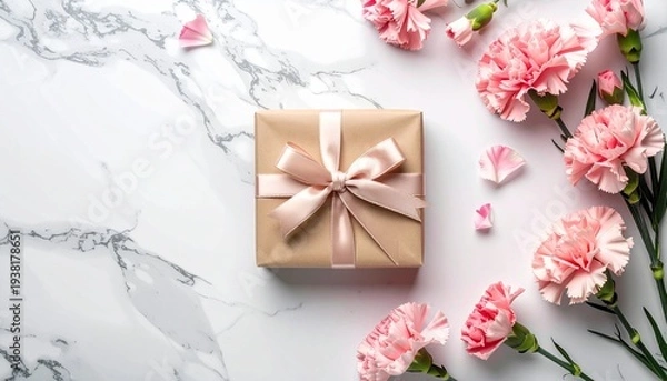 Obraz 白い大理石テーブルにピンクリボンのギフトボックスとピンクのカーネーションが散りばめられた俯瞰写真