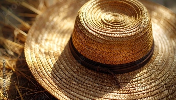 Obraz 麦わら帽子の繊細な編み目テクスチャを捉えたオーバーヘッドクローズアップ