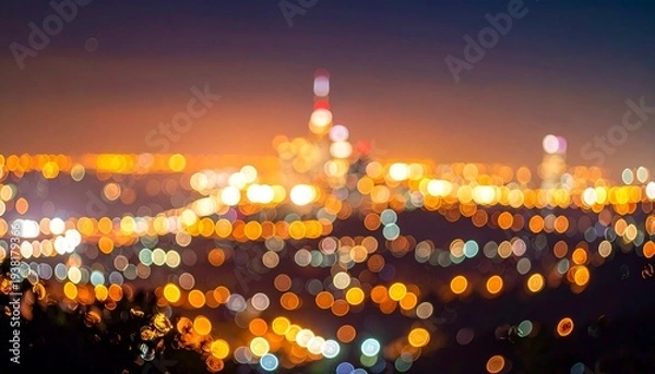 Obraz オレンジと白の光が広がる都市夜景のぼかしボケ背景