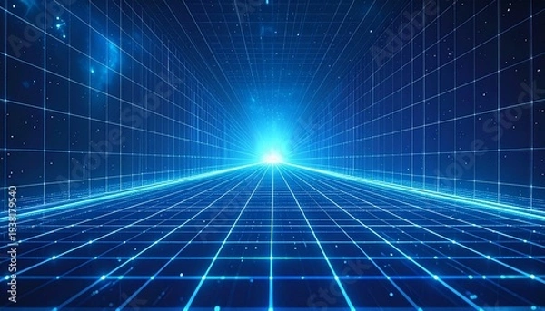 Obraz 青いグリッドラインが遠くへ消える透視図法のサイバースペース背景