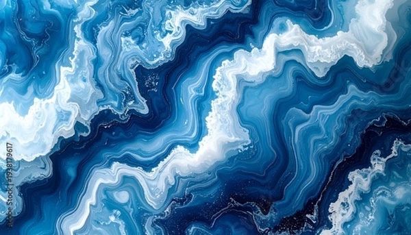 Obraz ブルーと白が渦巻くクールなフルードアート大理石調テクスチャのオーバーヘッドショット