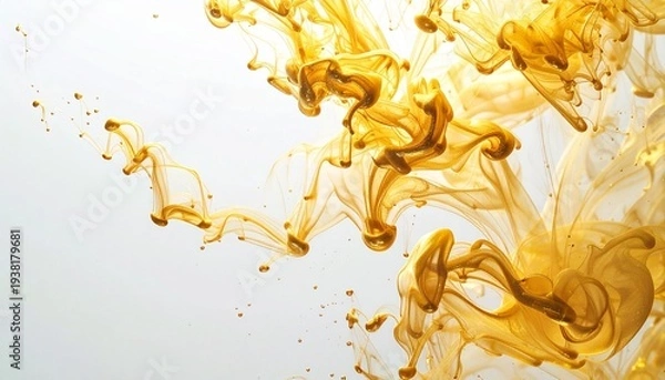 Obraz 白背景の水の中に広がるゴールドインクのラグジュアリーなオーバーヘッドクローズアップ