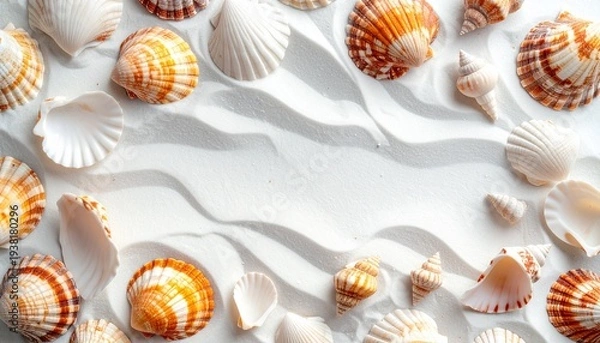 Obraz 白砂の上に散りばめられた様々な貝殻がコピースペースを囲むオーバーヘッドショット