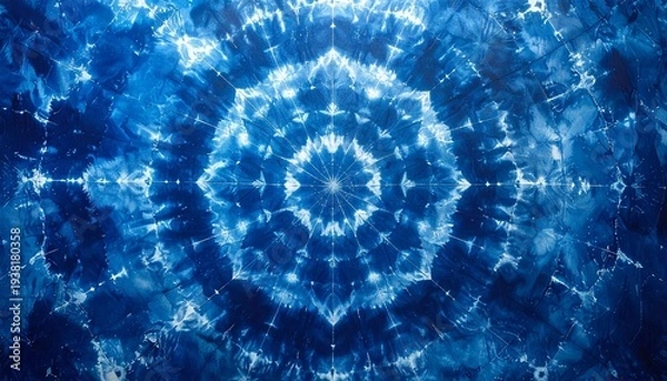 Obraz 幾何学的なネットワーク模様を描く藍染め絞り染めのオーバーヘッドクローズアップ