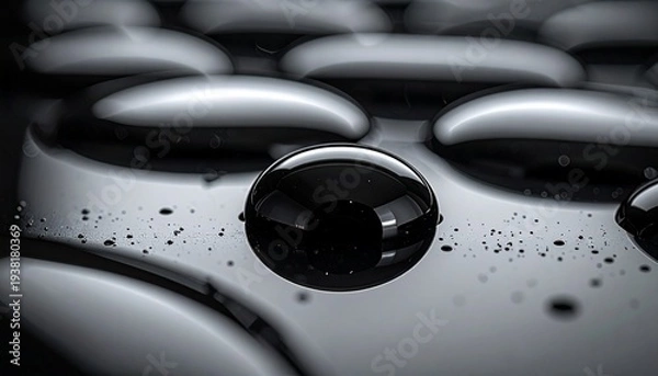 Obraz ラグジュアリーな黒い漆器表面に静止した一滴の水滴が光を反射するクローズアップ