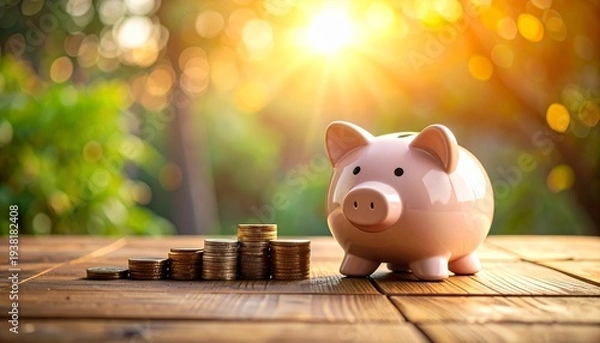 Obraz 暖かな自然光の中でコインの塔が並ぶピンクの豚型貯金箱が木製テーブルに置かれたクローズアップ