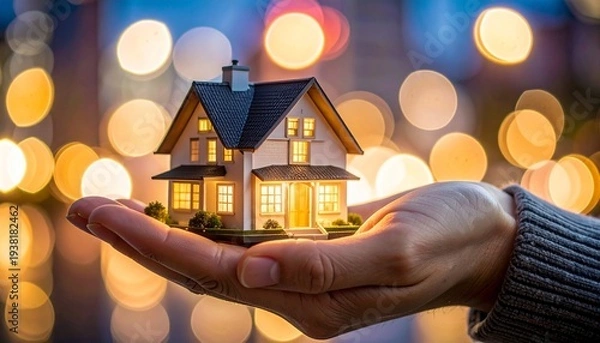 Obraz カラフルなボケ光を背景に光る一戸建て住宅のミニチュア模型を手のひらに乗せたクローズアップ
