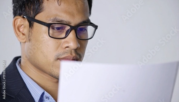 Obraz 黒縁眼鏡をかけた男性ビジネスパーソンが書類を真剣に読み込む横顔のクローズアップ