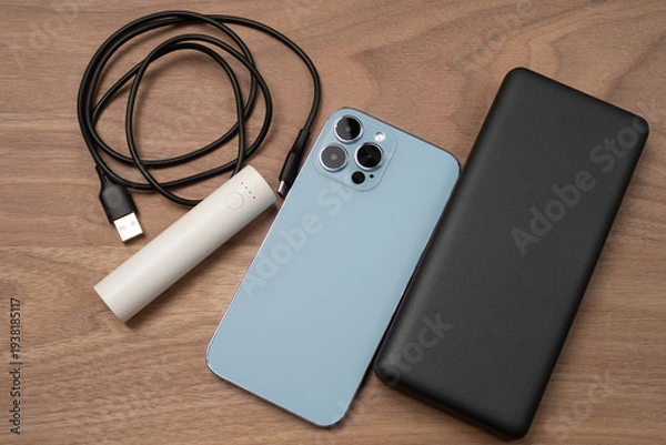 Obraz スマホと充電ケーブルとモバイルバッテリー