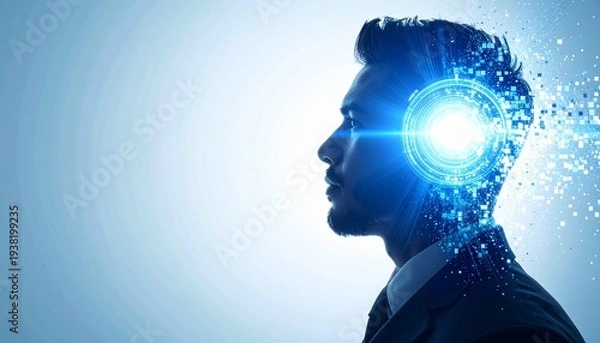 Obraz 左向きビジネスマンのシルエットと青い光の抽象背景