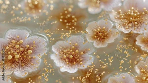 Obraz 金粉が舞う幻想的な白い花と水の波紋（和風・お正月・春・テクスチャ