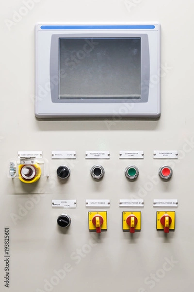 Fototapeta Electrical Room, medium and high voltage switcher, equipment, panel to control and protect the electrical equipment and system by fuse, circuit breaker, control panel at power factory, power plant and