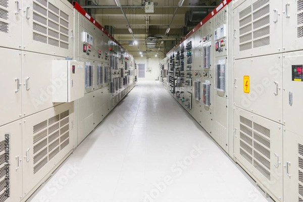 Fototapeta Electrical Room, medium and high voltage switcher, equipment, panel to control and protect the electrical equipment and system by fuse, circuit breaker, control panel at power factory, power plant and