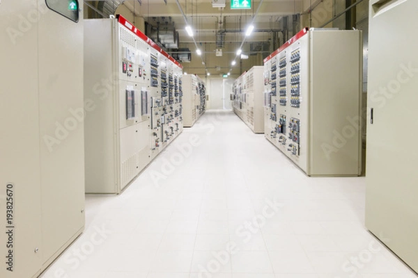 Fototapeta Electrical Room, medium and high voltage switcher, equipment, panel to control and protect the electrical equipment and system by fuse, circuit breaker, control panel at power factory, power plant and