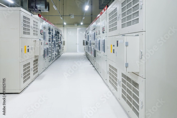 Fototapeta Electrical Room, medium and high voltage switcher, equipment, panel to control and protect the electrical equipment and system by fuse, circuit breaker, control panel at power factory, power plant and