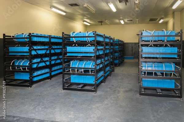 Fototapeta Battery room, Room used to backup or uninterruptible power electricity and energy storage system in telecommunication center, Power Plant, Substation, Control center and Important industrial