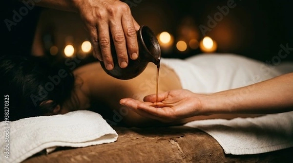 Obraz 落ち着いた照明の下でオイルを使った癒しのスパトリートメント