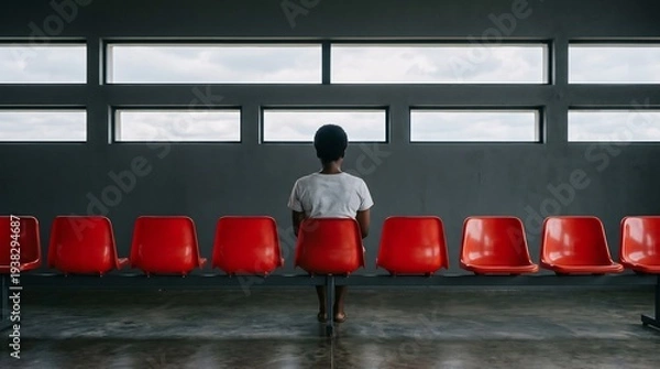 Obraz 明るい光の中の赤い椅子での孤独なシルエット