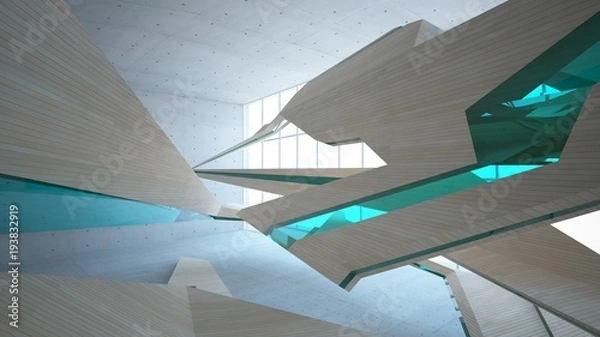 Fototapeta Abstract  concrete and wood parametric interior  with window. 3D illustration and rendering.