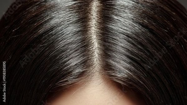 Obraz 光沢のある黒髪の分け目のアップ。ヘアケアや美容関連の素材向けの頭皮と髪の毛のクローズアップ写真。