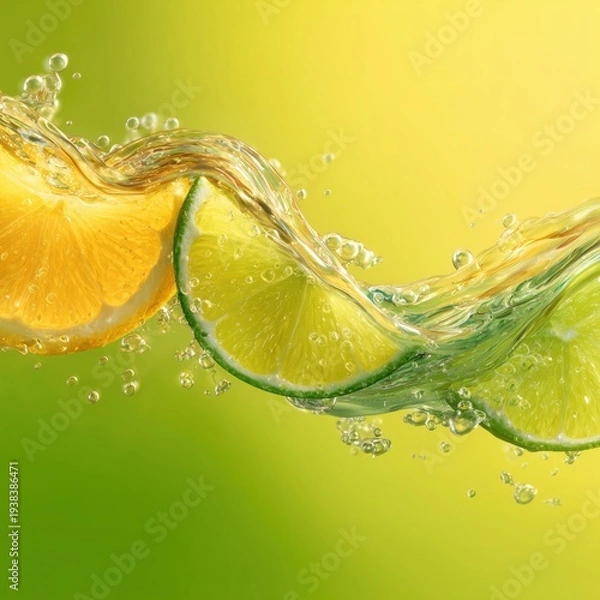 Obraz レモンとライムが水中で弾ける瞬間の鮮やかなイメージ。飲料や清涼感を表現する素材。