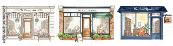 Fototapeta お洒落な街角の本屋・書店・ライブラリーの外観素材,手描き風,読書の秋,アンティーク,白背景