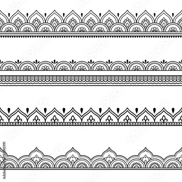 Obraz Zestaw bezproblemowych granic do projektowania i zastosowania henny. Styl Mehndi. Wzór dekoracyjny w stylu orientalnym.
