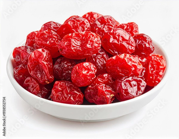 Obraz 열매-건조 열매-크렌베리-건 크렌베리-건조한-쌓여있는-그릇에 담긴-빨간색 열매-흰색 배경