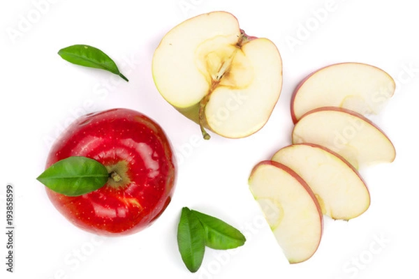 Fototapeta red apples with slices and leaves isolated on white background top view. Set or collection. Flat lay pattern