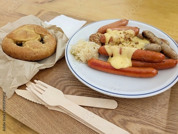 Obraz 本格的なドイツの炙りチーズのグリルソーセージ盛り合わせとチーズプレッツェルのセット