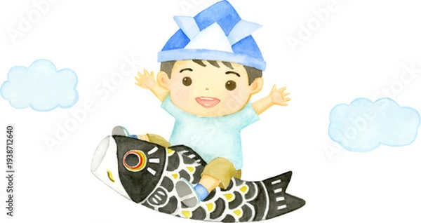Obraz こいのぼりに乗って空を飛ぶ男の子の水彩イラスト