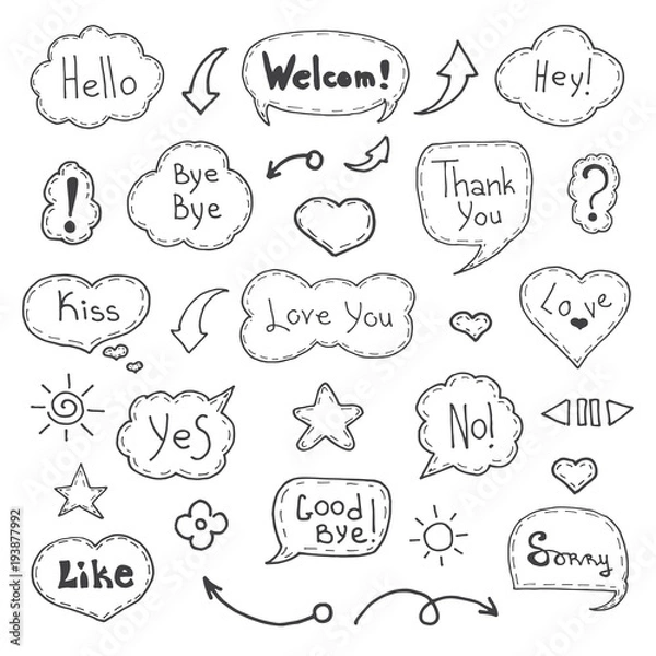 Fototapeta Think and talk speech bubbles. Artistic collection of hand drawn doodle style comic balloon, cloud and heart. Vector illustration in sketch style.
