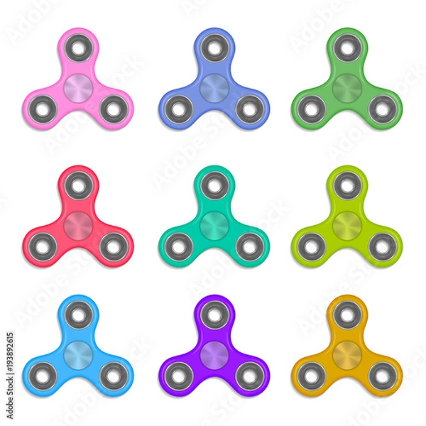 Fototapeta Set of fidget spinners, vector hand gadgets made in realistic design with variety of colors. Isolated on white. Metallic toys with ball-bearings for relaxation, meditation, entertainment.