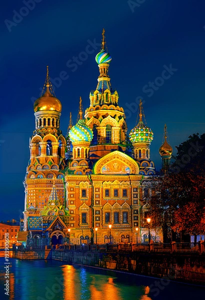 Obraz The Church of the Savior on Spilled Blood is one of the main attractions of St. Petersburg, Russia. The view at night close up