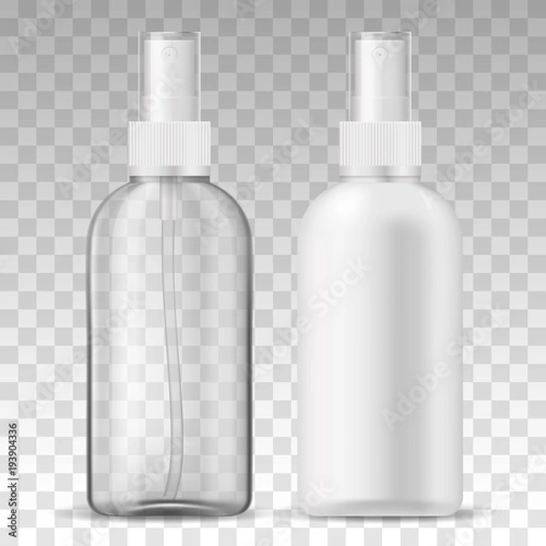 Fototapeta Ads template mockup two realistic plastic sprayer bottle transparent and white for liquid gel, soap, lotion, cream, shampoo, bath foam and other cosmetics on a white background