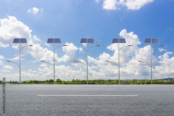 Fototapeta Solar street light on the road in the city, the use of sunlight as power lighting