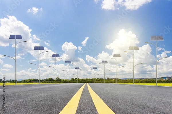Fototapeta Solar street light on the road in the city, the use of sunlight as power lighting