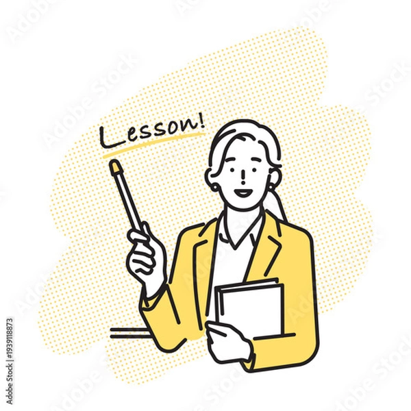 Obraz シンプル　イラスト　英会話レッスンを説明する女性講師 英語学習のイメージ ベクターイラスト