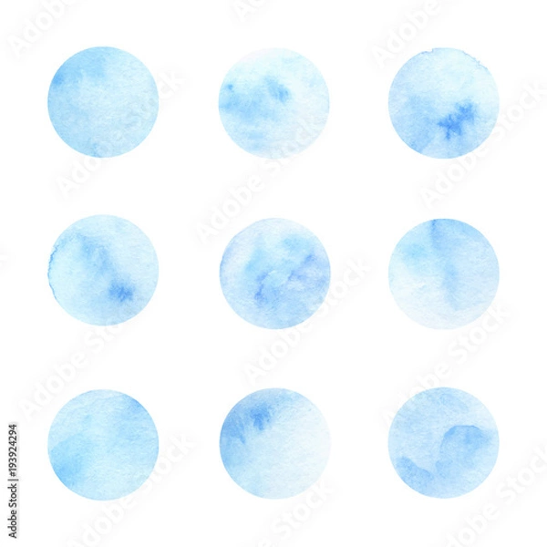 Fototapeta Set of hand painted vector watercolor circle textures isolated on the white background for your design. Blue dots.