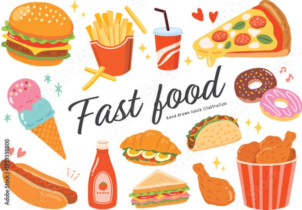 Obraz ファストフードの手描きイラストセット