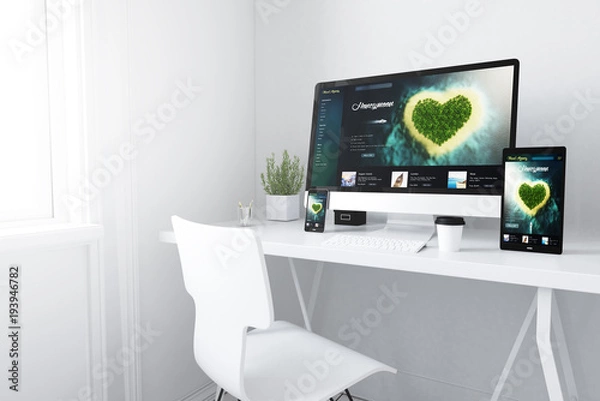 Fototapeta  devices on white minimal workspace travel honeymoonwebsite