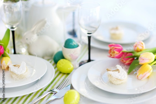 Obraz Beautiful table setting with crockery and flowers for Easter celebration